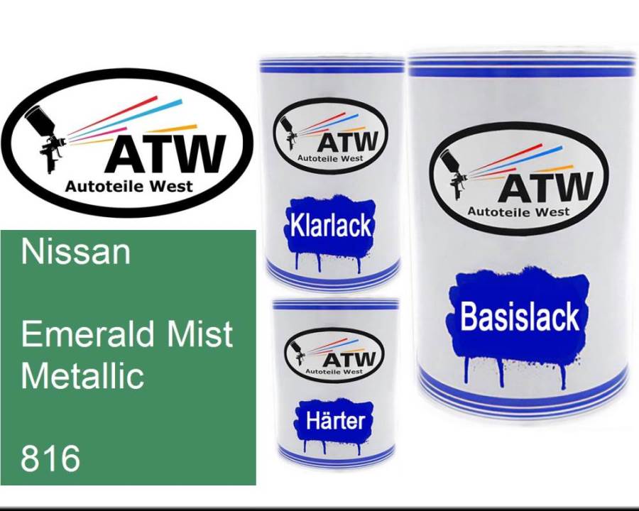 Nissan, Emerald Mist Metallic, 816: 500ml Lackdose + 500ml Klarlack + 250ml Härter - Set, von ATW Autoteile West.